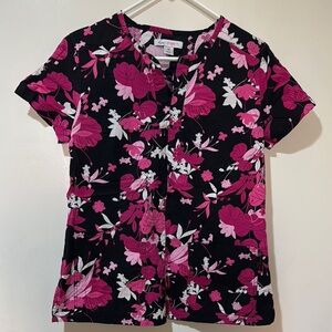Koi Stretch Scrub Top - Black/Pink Floral